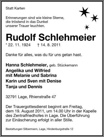 Anzeige  Rudolf Schlehmeier  Lippische Landes-Zeitung