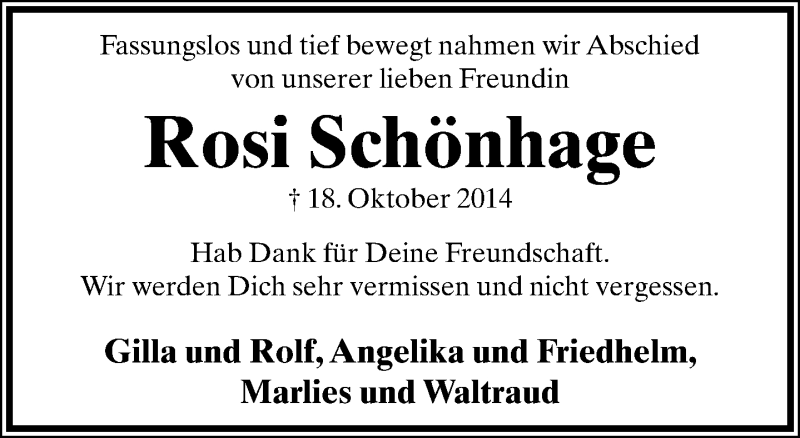  Traueranzeige für Rosemarie Schönhage vom 01.11.2014 aus Lippische Landes-Zeitung