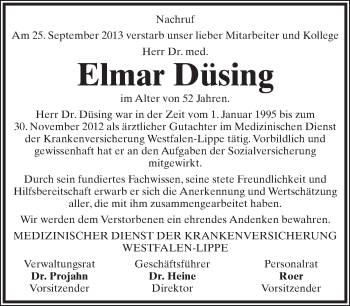 Anzeige  Elmar Düsing  Lippische Landes-Zeitung