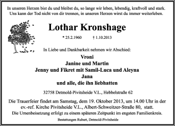 Anzeige  Lothar Kronshage  Lippische Landes-Zeitung