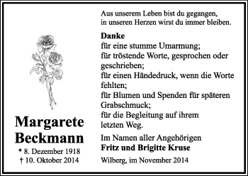 Anzeige  Margarete Beckmann  Lippische Landes-Zeitung