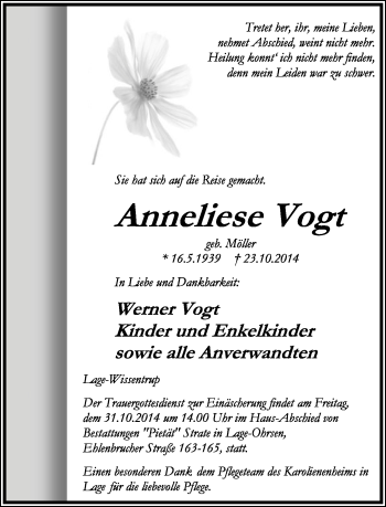 Anzeige  Anneliese Vogt  Lippische Landes-Zeitung