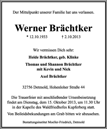 Anzeige  Werner Brächtker  Lippische Landes-Zeitung