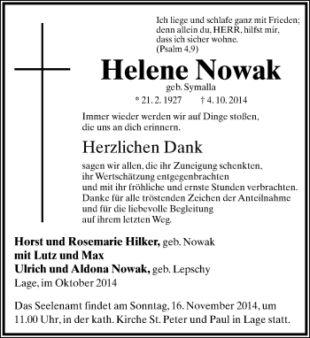 Anzeige  Helene Nowak  Lippische Landes-Zeitung