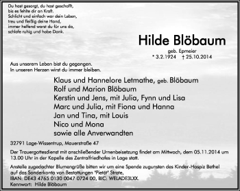 Anzeige  Hilde Blöbaum  Lippische Landes-Zeitung