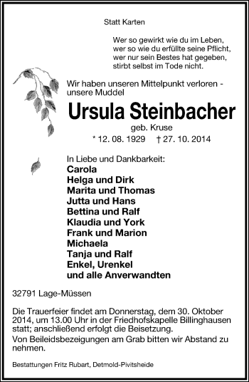 Anzeige  Ursula Steinbacher  Lippische Landes-Zeitung