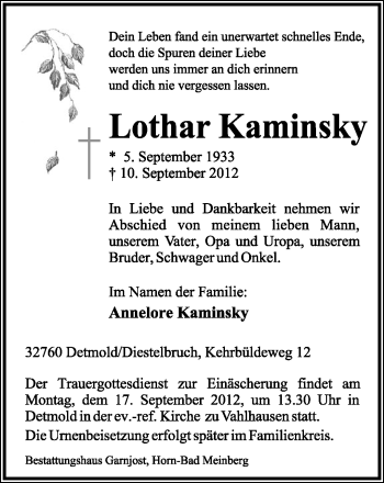 Anzeige  Lothar  Kaminsky  Lippische Landes-Zeitung