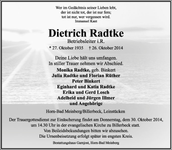 Anzeige  Dietrich Radtke  Lippische Landes-Zeitung