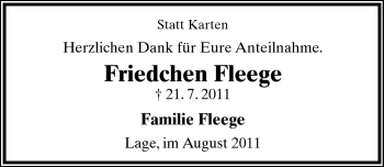 Anzeige  Friedchen Fleege  Lippische Landes-Zeitung