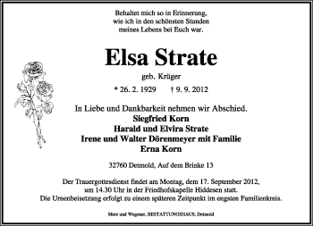 Anzeige  Elsa  Strate  Lippische Landes-Zeitung
