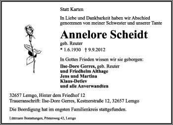 Anzeige  Annelore Scheidt  Lippische Landes-Zeitung