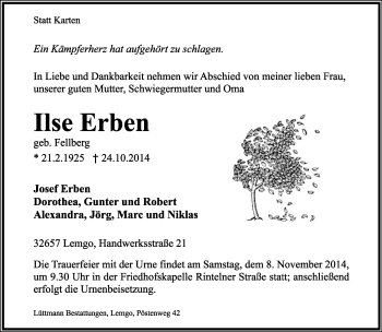Anzeige  Ilse Erben  Lippische Landes-Zeitung