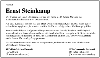 Anzeige  Ernst Steinkamp  Lippische Landes-Zeitung