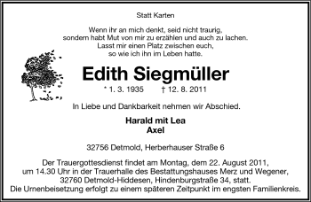 Anzeige  Edith Siegmüller  Lippische Landes-Zeitung
