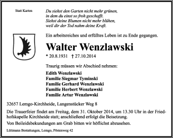 Anzeige  Walter Wenzlawski  Lippische Landes-Zeitung