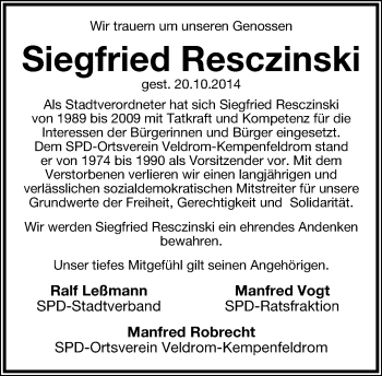 Anzeige  Siegfried Resczinski  Lippische Landes-Zeitung