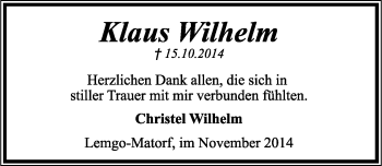 Anzeige  Klaus Wilhelm  Lippische Landes-Zeitung