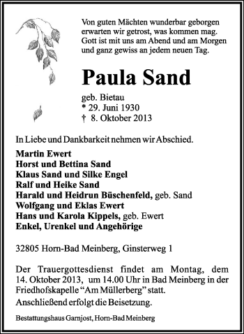 Anzeige  Paula Sand  Lippische Landes-Zeitung