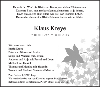 Anzeige  Klaus Kreye  Lippische Landes-Zeitung