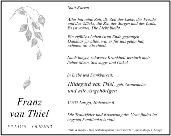 Anzeige  Franz  van Thiel  Lippische Landes-Zeitung