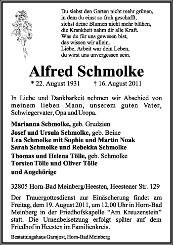 Anzeige  Alfred Schmolke  Lippische Landes-Zeitung