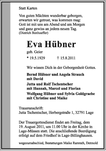 Anzeige  Eva Hübner  Lippische Landes-Zeitung