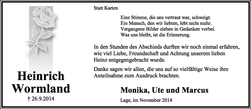  Traueranzeige für Heinrich Wormland vom 01.11.2014 aus Lippische Landes-Zeitung