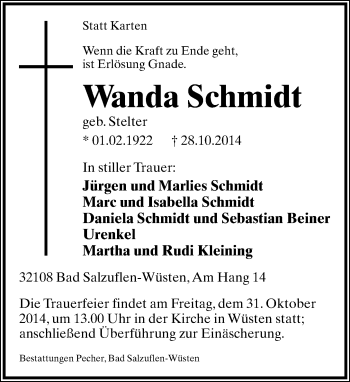 Anzeige  Wanda Schmidt  Lippische Landes-Zeitung