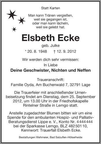 Anzeige  Elsbeth Ecke  Lippische Landes-Zeitung