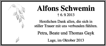 Anzeige  Alfons Schwemin  Lippische Landes-Zeitung