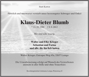 Anzeige  Klaus-Dieter Blumb  Lippische Landes-Zeitung