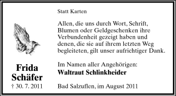 Anzeige  Frida Schäfer  Lippische Landes-Zeitung