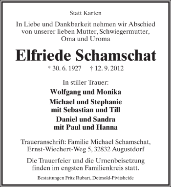 Anzeige  Elfriede Schamschat  Lippische Landes-Zeitung