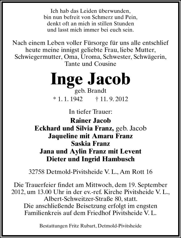 Traueranzeige für Inge Jacob vom 15.09.2012 aus Lippische Landes-Zeitung