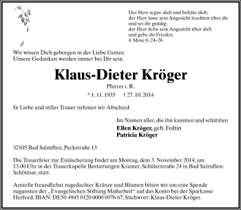 Anzeige  Klaus-Dieter Kröger  Lippische Landes-Zeitung