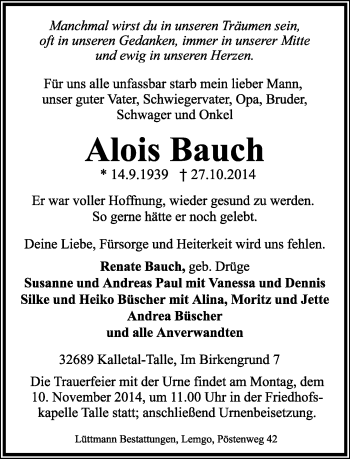 Anzeige  Alois Bauch  Lippische Landes-Zeitung