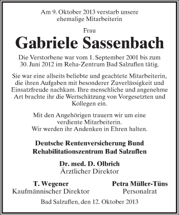 Anzeige  Gabriele Sassenbach  Lippische Landes-Zeitung