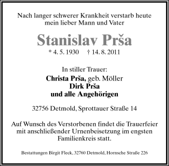 Anzeige  Stanislav Prsa  Lippische Landes-Zeitung
