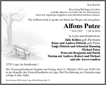 Anzeige  Alfons Putze  Lippische Landes-Zeitung