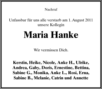 Anzeige  Maria Hanke  Lippische Landes-Zeitung