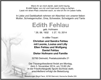 Anzeige  Edith Fehlau  Lippische Landes-Zeitung