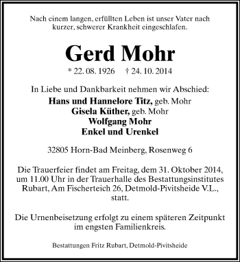 Anzeige  Gerd Mohr  Lippische Landes-Zeitung