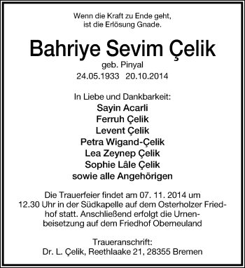 Anzeige  Bahriye Sevim Çelik  Lippische Landes-Zeitung
