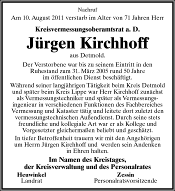 Anzeige  Jürgen Kirchhoff  Lippische Landes-Zeitung