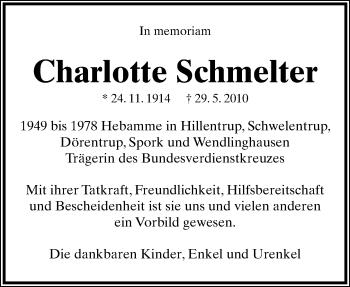 Anzeige  Charlotte Schmelter  Lippische Landes-Zeitung