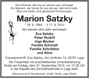 Anzeige  Marion Satzky  Lippische Landes-Zeitung