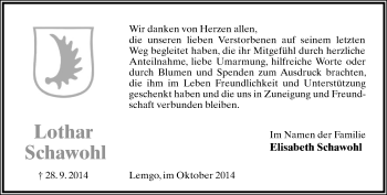 Anzeige  Lothar Schawohl  Lippische Landes-Zeitung