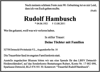 Anzeige  Rudolf Hambusch  Lippische Landes-Zeitung