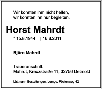 Anzeige  Horst Mahrdt  Lippische Landes-Zeitung