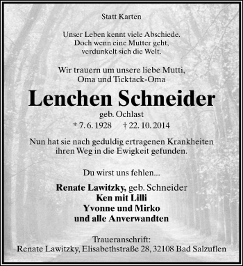 Anzeige  Lenchen Schneider  Lippische Landes-Zeitung